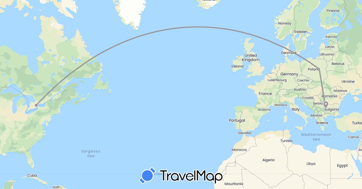 TravelMap itinerary: driving, plane in Bulgaria, Canada, Poland (Europe, North America)